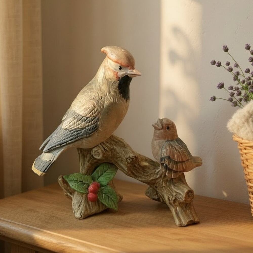 Vintage Lefton Waxwing Bird & Baby Figurine KW7456 Japan Hand Painted Ceramic